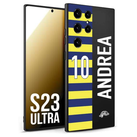 CUSTOMIZZA - Custodia cover nera morbida in tpu compatibile per Samsung S23 ULTRA personalizzata calcio football nome e numero calciatori giallo blu