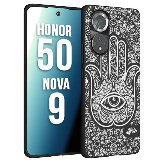 CUSTOMIZZA - Custodia cover nera morbida in tpu compatibile per Huawei Nova 9 - Honor 50 mano di fatima effetto rilievo mandala donna