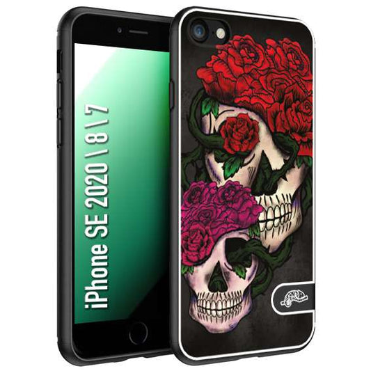 CUSTOMIZZA - Custodia cover nera morbida in tpu compatibile per iPhone 7 - 8 - SE 2020 / 2022 teschi e rose rosse fucsia skull and roses