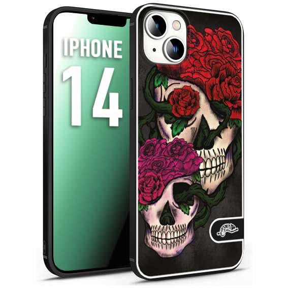 CUSTOMIZZA - Custodia cover nera morbida in tpu compatibile per iPhone 14 teschi e rose rosse fucsia skull and roses