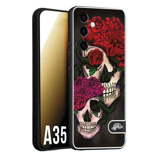 CUSTOMIZZA - Custodia cover nera morbida in tpu compatibile per Samsung A35 5G teschi e rose rosse fucsia skull and roses