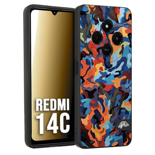 CUSTOMIZZA - Custodia cover nera morbida in tpu compatibile per Xiaomi Redmi 14C camouflage mimetico militare moderno blu arancio rosso