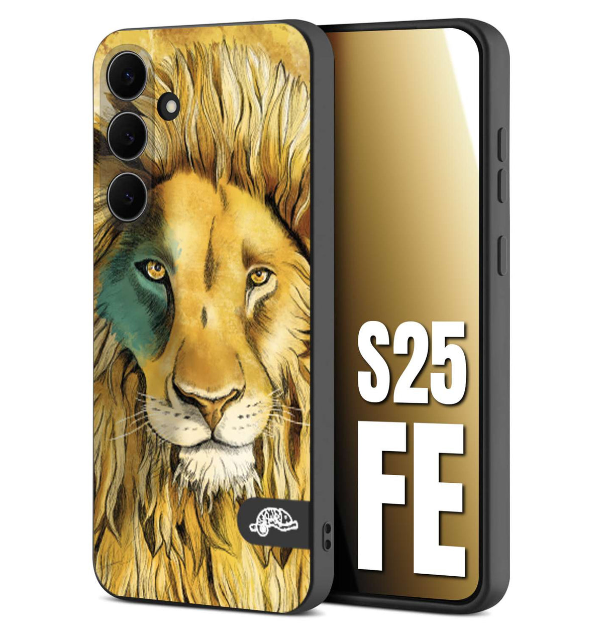 CUSTOMIZZA - Custodia cover nera morbida in tpu compatibile per Samsung S25 FE leone lion disegnato a mano giallo blu a rilievo artistico brown