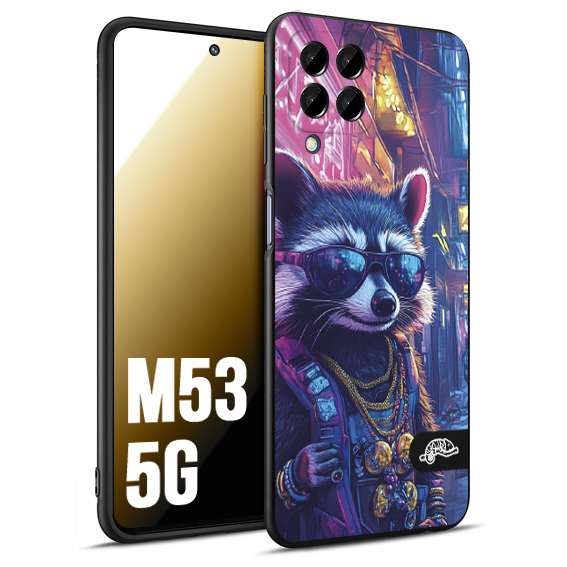 CUSTOMIZZA - Custodia cover nera morbida in tpu compatibile per Samsung M53 5G animali simpatici cyberpunk procione racoon street cat fucsia blu giallo