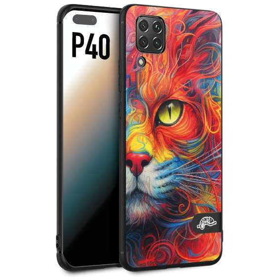 CUSTOMIZZA - Custodia cover nera morbida in tpu compatibile per Huawei P40 animali color cat gatto viso colori vibranti disegnato schizzo