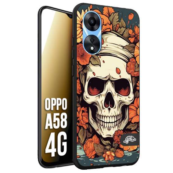 CUSTOMIZZA - Custodia cover nera morbida in tpu compatibile per Oppo A58 4G teschio skull flowers fiori tattoo disegnato alta definizione