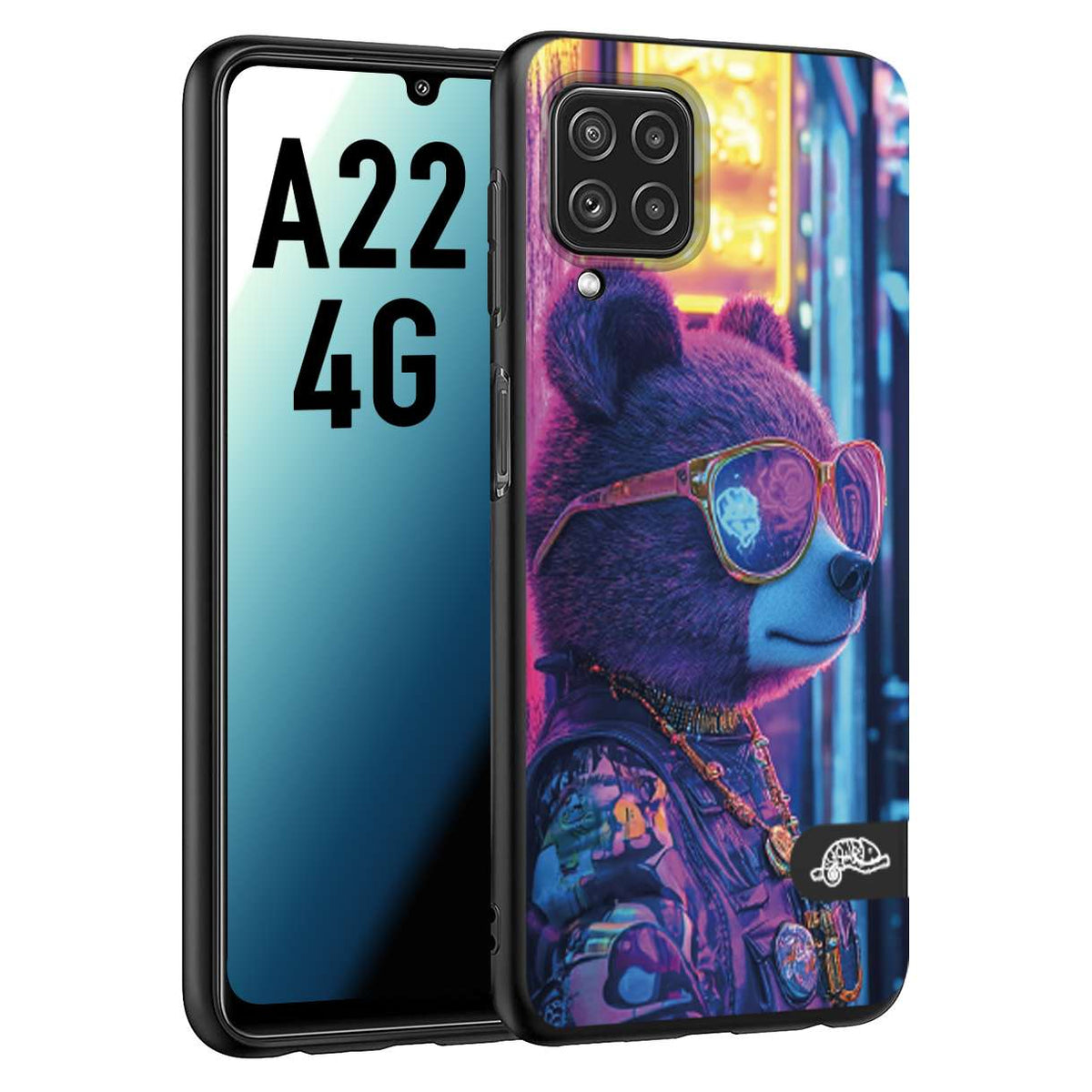 CUSTOMIZZA - Custodia cover nera morbida in tpu compatibile per Samsung A22 4G animali cyberpunk orsetto orso street bear fucsia blu night