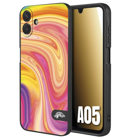 CUSTOMIZZA - Custodia cover nera morbida in tpu compatibile per Samsung A05 colorata fantasia vortice marmo onde rosa fucsia gialla