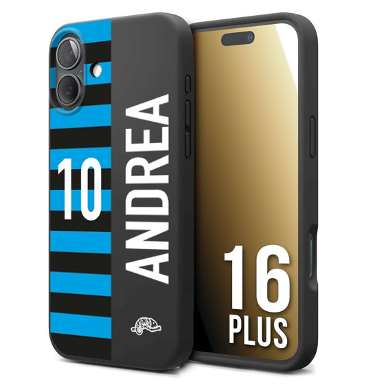 CUSTOMIZZA - Custodia cover nera morbida in tpu compatibile per iPhone 16 PLUS personalizzata calcio football nome e numero calciatori nerazzurra