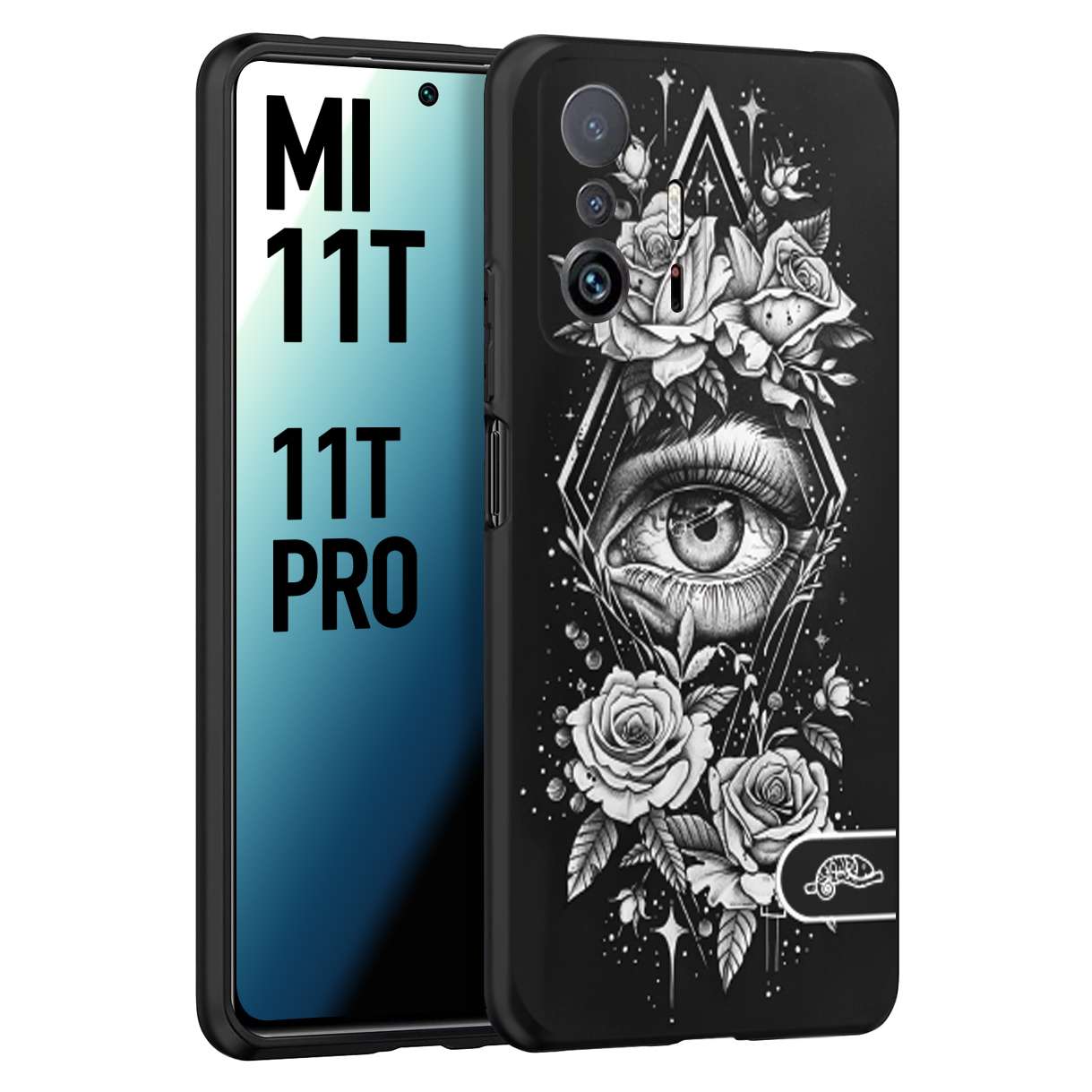 CUSTOMIZZA - Custodia cover nera morbida in tpu compatibile per Xiaomi Mi 11T - Mi 11T PRO occhio fiori rombo geometrico black and white bianco a rilievo disegnato tattoo tatuaggio