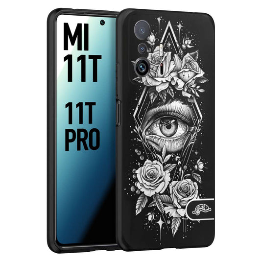 CUSTOMIZZA - Custodia cover nera morbida in tpu compatibile per Xiaomi Mi 11T - Mi 11T PRO occhio fiori rombo geometrico black and white bianco a rilievo disegnato tattoo tatuaggio