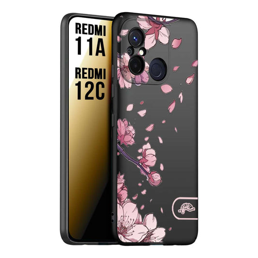CUSTOMIZZA - Custodia cover nera morbida in tpu compatibile per Xiaomi Redmi 11A - 12C giapponese fiori di ciliegio in fiore a rilievo disegnata tattoo