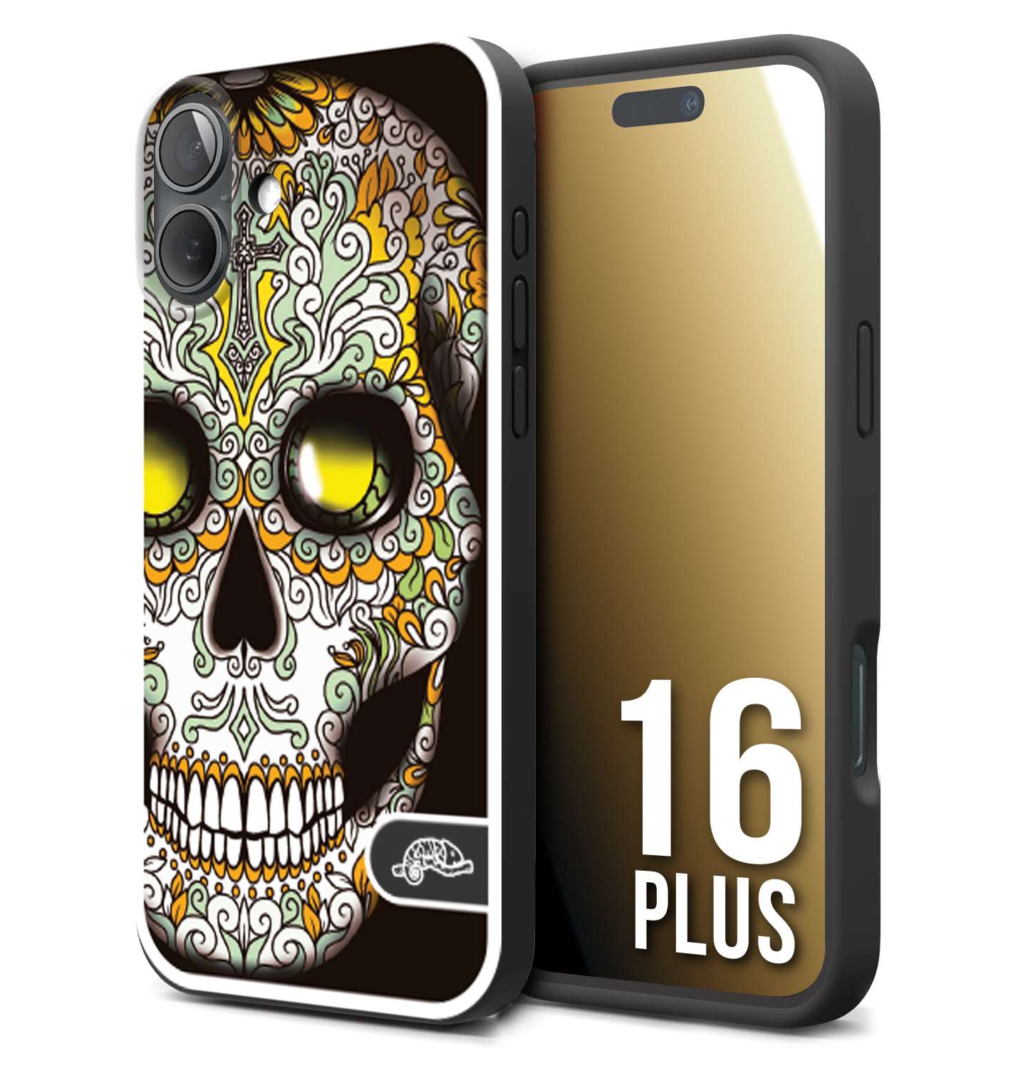 CUSTOMIZZA - Custodia cover nera morbida in tpu compatibile per iPhone 16 PLUS teschio messicano Mexican skull bianco verde giallo