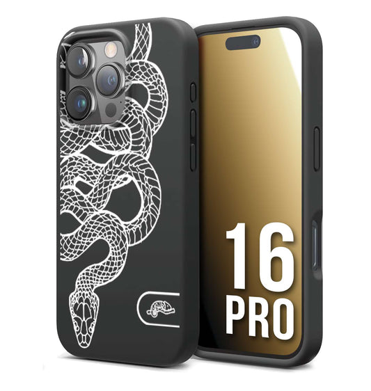 CUSTOMIZZA - Custodia cover nera morbida in tpu compatibile per iPhone 16 PRO serpente snake bianco a rilievo disegnato tattoo tatuaggio