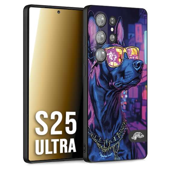 CUSTOMIZZA - Custodia cover nera morbida in tpu compatibile per Samsung S25 ULTRA animali cyberpunk dobermann cane street dog fucsia blu night