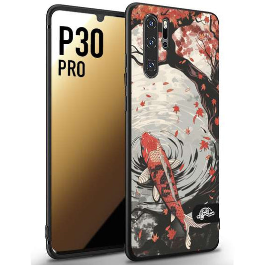CUSTOMIZZA - Custodia cover nera morbida in tpu compatibile per Huawei P30 PRO giapponese lago carpa koi rossa con foglie d'acero rosso disegnata tattoo