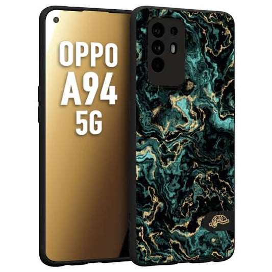 CUSTOMIZZA - Custodia cover nera morbida in tpu compatibile per Oppo A94 5G effetto marmo marble verde green venature dorato pietra