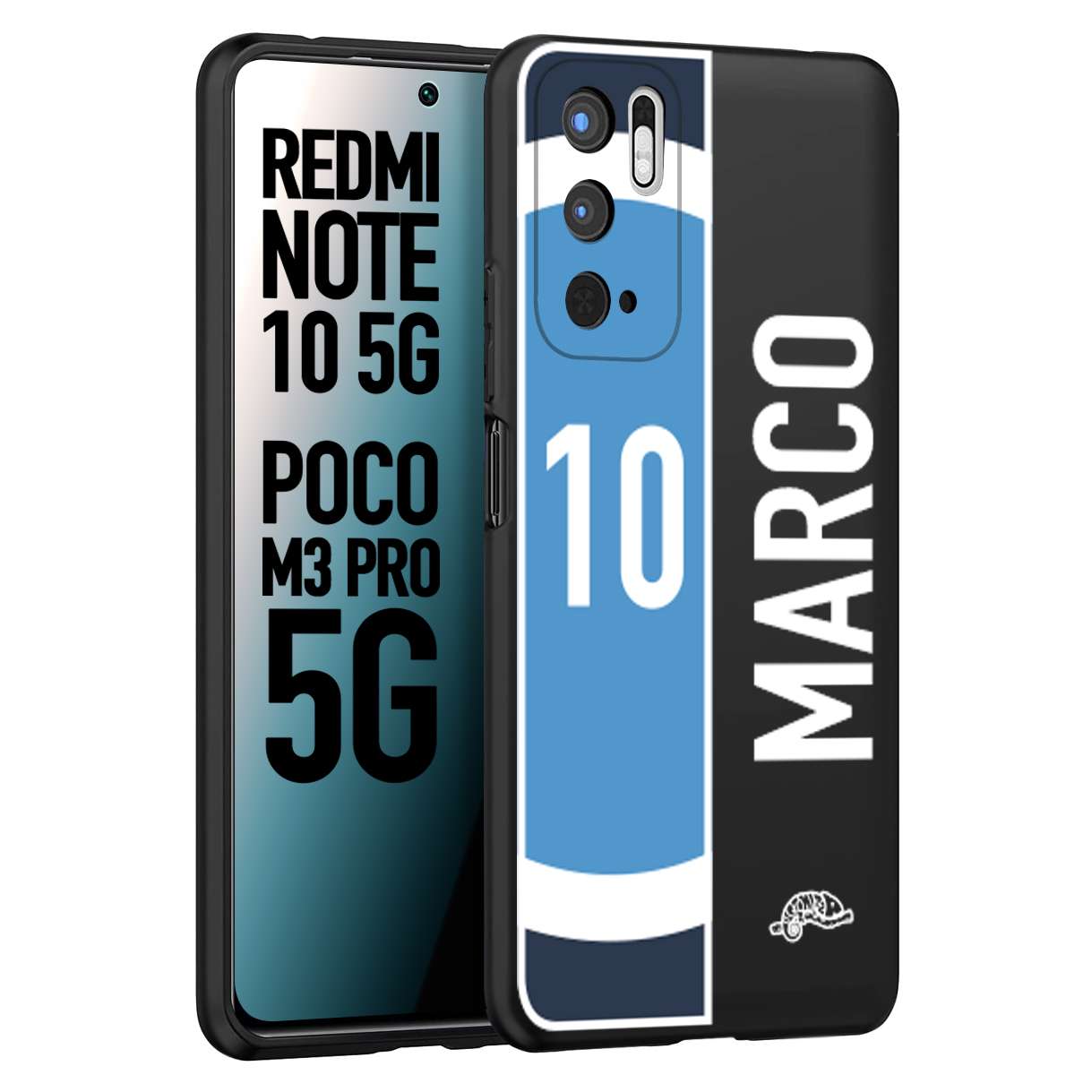 CUSTOMIZZA - Custodia cover nera morbida in tpu compatibile per Xiaomi Redmi Note 10 5G - Poco M3 Pro 5G personalizzata calcio football nome e numero calciatori biancoazzurri bianco celesti