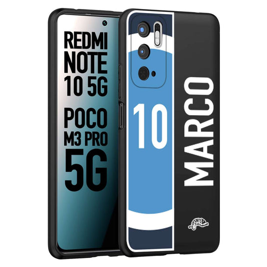 CUSTOMIZZA - Custodia cover nera morbida in tpu compatibile per Xiaomi Redmi Note 10 5G - Poco M3 Pro 5G personalizzata calcio football nome e numero calciatori biancoazzurri bianco celesti