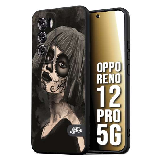 CUSTOMIZZA - Custodia cover nera morbida in tpu compatibile per Oppo Reno 12 PRO 5G chicana messicana dea de la muerte donna santa tattoo disegnata