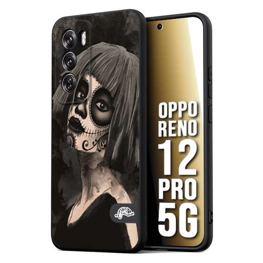 CUSTOMIZZA - Custodia cover nera morbida in tpu compatibile per Oppo Reno 12 PRO 5G chicana messicana dea de la muerte donna santa tattoo disegnata