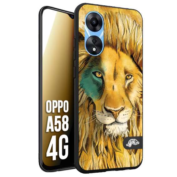 CUSTOMIZZA - Custodia cover nera morbida in tpu compatibile per Oppo A58 4G leone lion disegnato a mano giallo blu a rilievo artistico brown