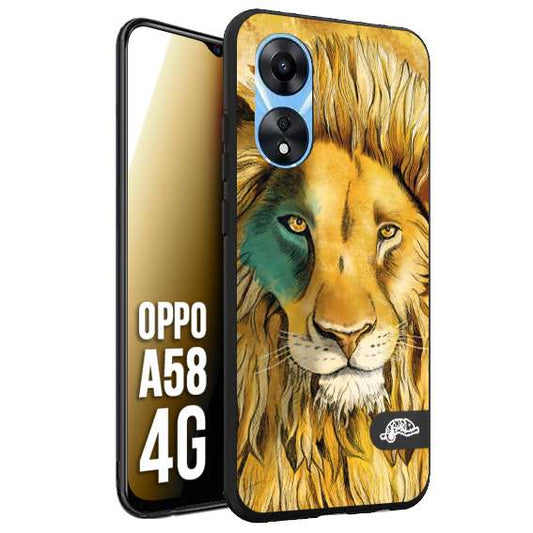 CUSTOMIZZA - Custodia cover nera morbida in tpu compatibile per Oppo A58 4G leone lion disegnato a mano giallo blu a rilievo artistico brown