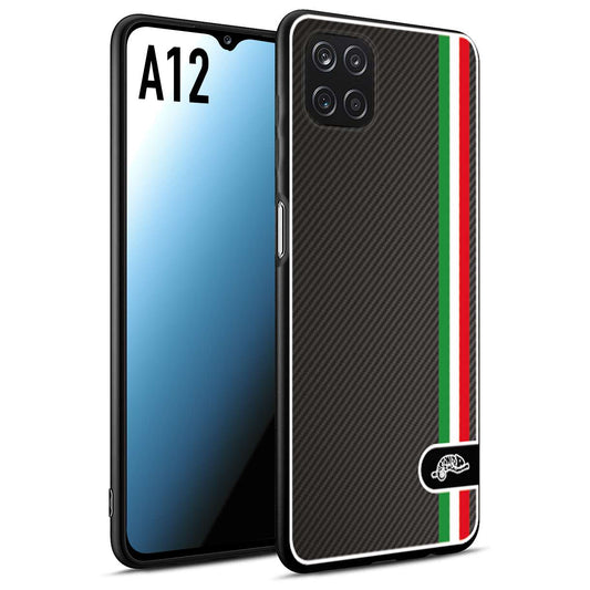 CUSTOMIZZA - Custodia cover nera morbida in tpu compatibile per Samsung A12 effetto fibra di carbonio bandiera Italia made in Italy