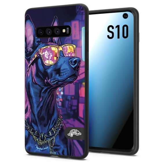 CUSTOMIZZA - Custodia cover nera morbida in tpu compatibile per Samsung S10 animali cyberpunk dobermann cane street dog fucsia blu night