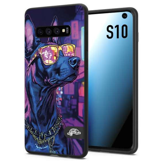CUSTOMIZZA - Custodia cover nera morbida in tpu compatibile per Samsung S10 animali cyberpunk dobermann cane street dog fucsia blu night
