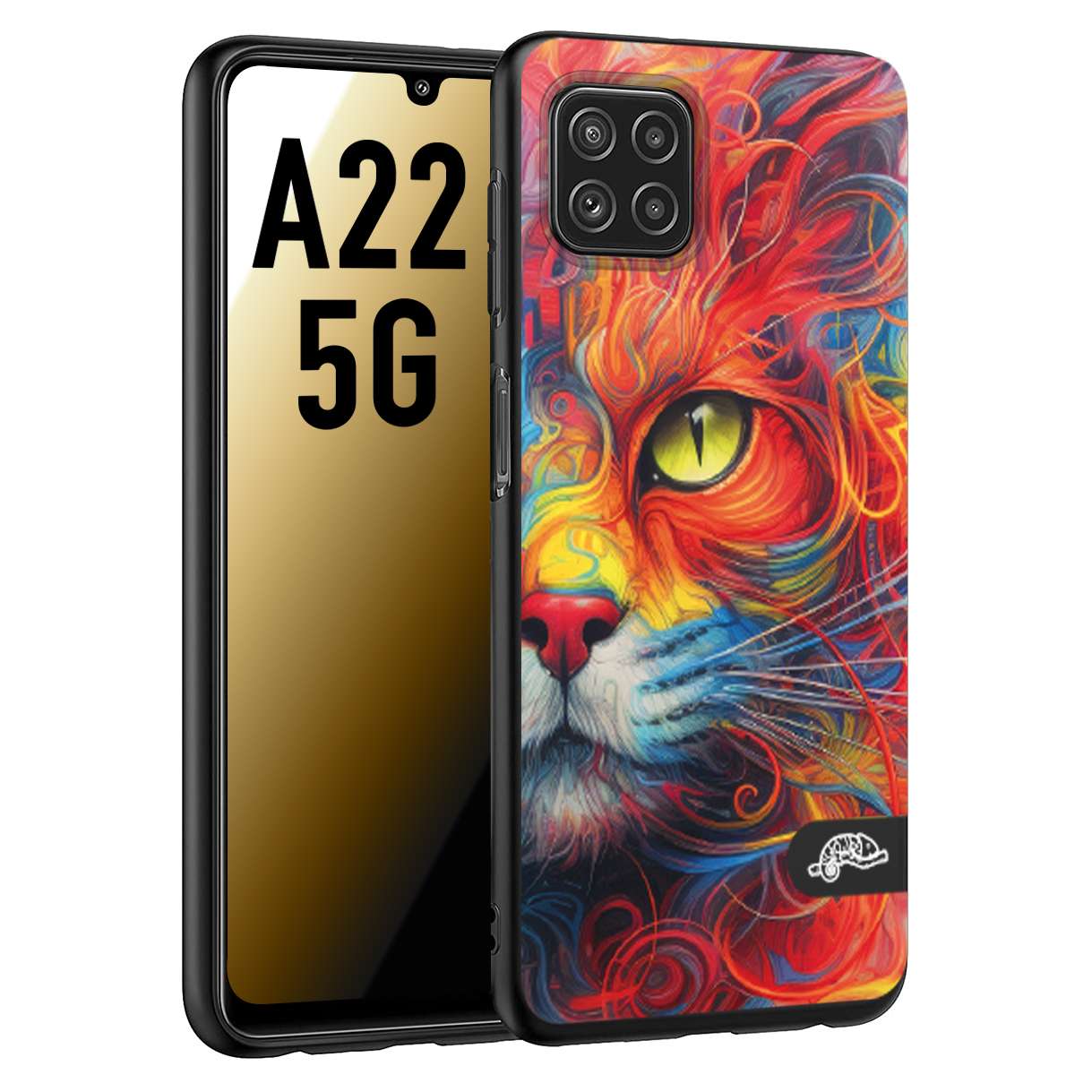 CUSTOMIZZA - Custodia cover nera morbida in tpu compatibile per Samsung A22 5G animali color cat gatto viso colori vibranti disegnato schizzo