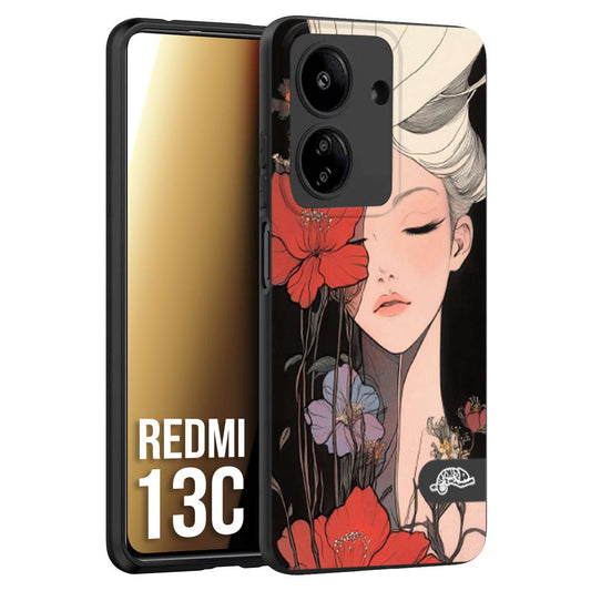 CUSTOMIZZA - Custodia cover nera morbida in tpu compatibile per Xiaomi Redmi 13C woman flower Fantasia Floreale Design Donna e Fiori, Retro Artistico