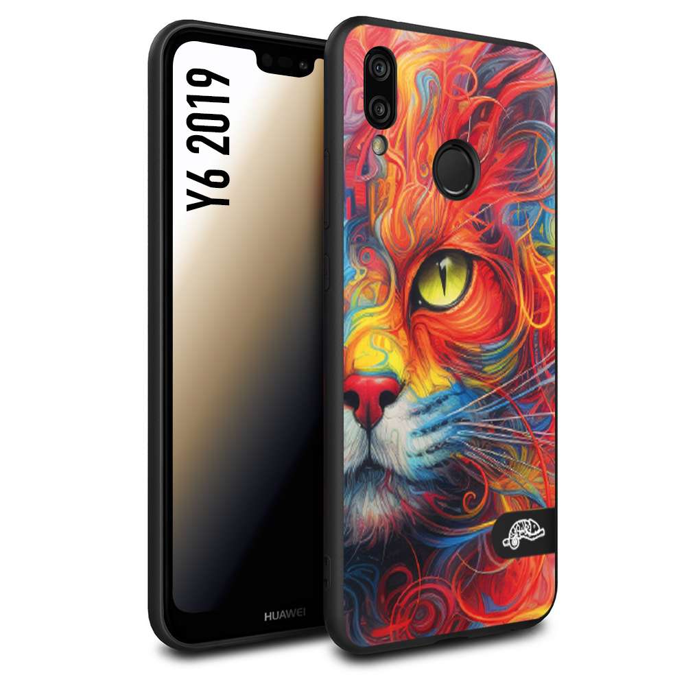 CUSTOMIZZA - Custodia cover nera morbida in tpu compatibile per Huawei Y6 2019 animali color cat gatto viso colori vibranti disegnato schizzo