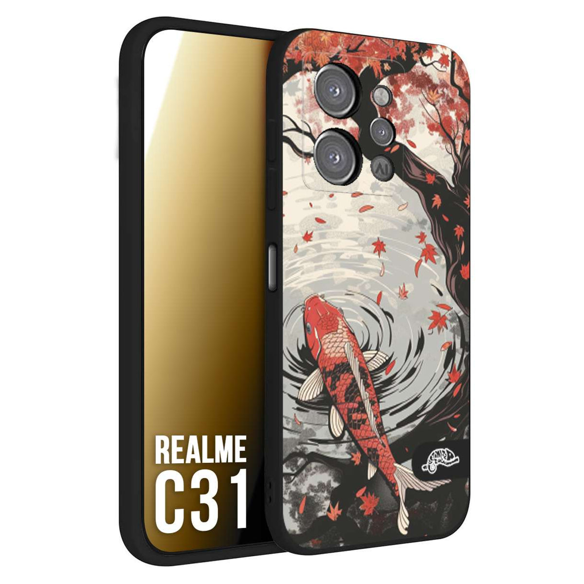 CUSTOMIZZA - Custodia cover nera morbida in tpu compatibile per Realme C31 giapponese lago carpa koi rossa con foglie d'acero rosso disegnata tattoo
