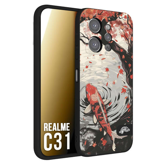 CUSTOMIZZA - Custodia cover nera morbida in tpu compatibile per Realme C31 giapponese lago carpa koi rossa con foglie d'acero rosso disegnata tattoo