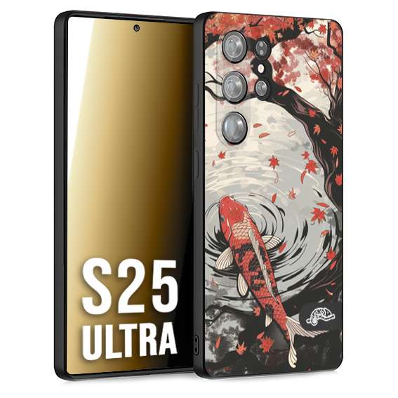 CUSTOMIZZA - Custodia cover nera morbida in tpu compatibile per Samsung S25 ULTRA giapponese lago carpa koi rossa con foglie d'acero rosso disegnata tattoo