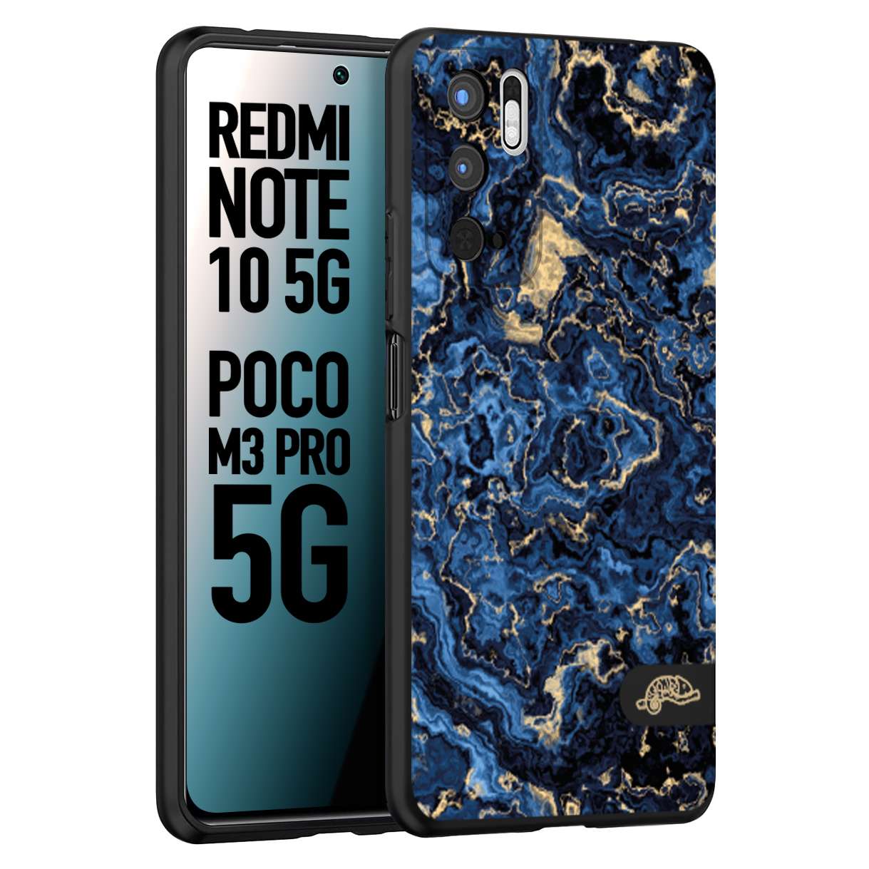 CUSTOMIZZA - Custodia cover nera morbida in tpu compatibile per Xiaomi Redmi Note 10 5G - Poco M3 Pro 5G effetto marmo marble blu venature dorato psichedelico