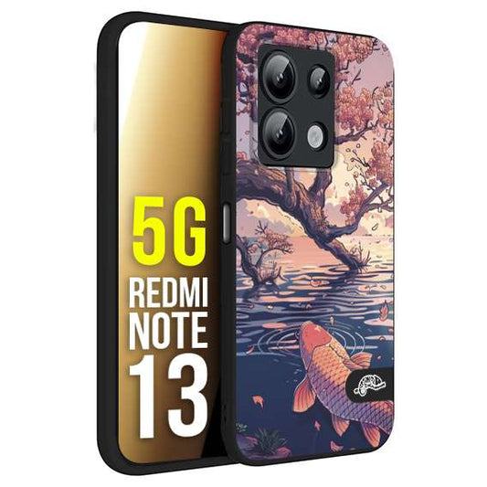 CUSTOMIZZA - Custodia cover nera morbida in tpu compatibile per Xiaomi Redmi Note 13 5G giapponese lago carpa koi rosa con foglie d'acero disegnata tattoo
