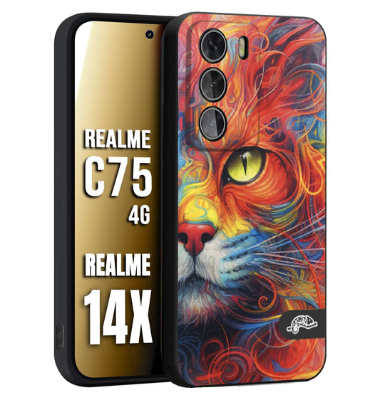 CUSTOMIZZA - Custodia cover nera morbida in tpu compatibile per Realme 14X - C75 4G animali color cat gatto viso colori vibranti disegnato schizzo