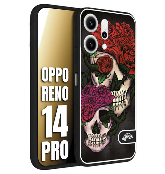 CUSTOMIZZA - Custodia cover nera morbida in tpu compatibile per Oppo Reno 14 PRO teschi e rose rosse fucsia skull and roses