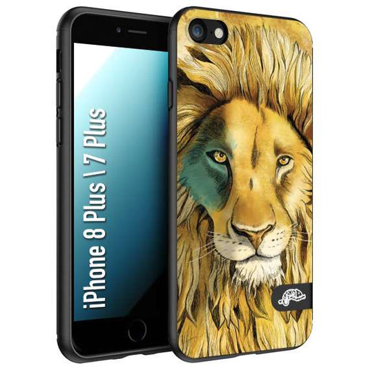 CUSTOMIZZA - Custodia cover nera morbida in tpu compatibile per iPhone 7 PLUS - 8 plus leone lion disegnato a mano giallo blu a rilievo artistico brown