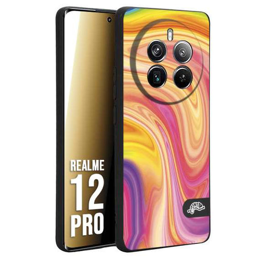 CUSTOMIZZA - Custodia cover nera morbida in tpu compatibile per Realme 12 PRO colorata fantasia vortice marmo onde rosa fucsia gialla