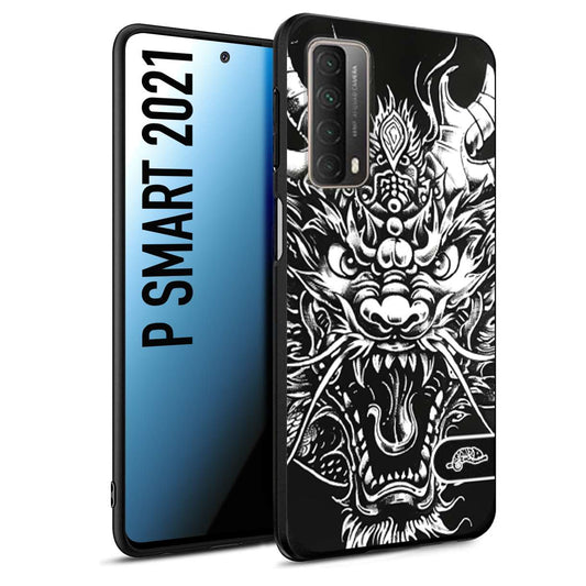 CUSTOMIZZA - Custodia cover nera morbida in tpu compatibile per Huawei P Smart 2021 drago black and white bianco a rilievo disegnato tattoo tatuaggio