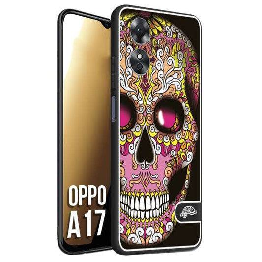 CUSTOMIZZA - Custodia cover nera morbida in tpu compatibile per Oppo A17 teschio messicano Mexican skull rosa gialla