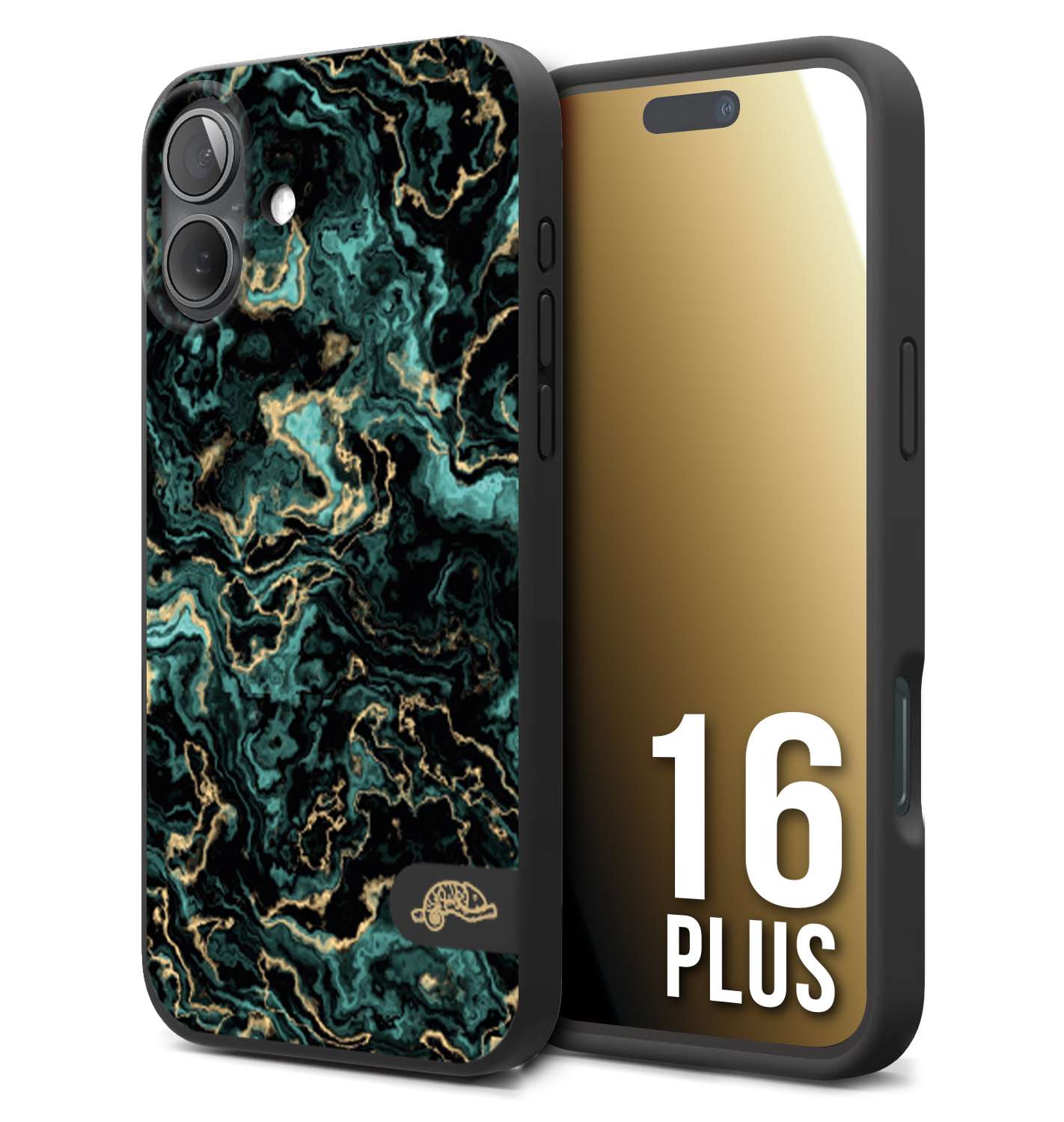 CUSTOMIZZA - Custodia cover nera morbida in tpu compatibile per iPhone 16 PLUS effetto marmo marble verde green venature dorato pietra