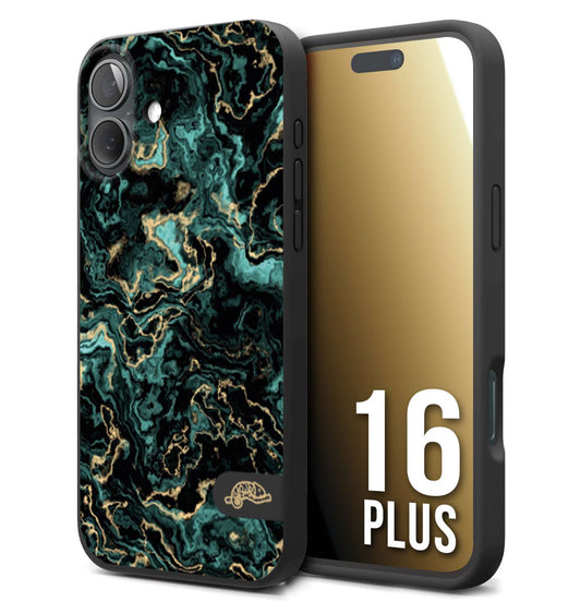 CUSTOMIZZA - Custodia cover nera morbida in tpu compatibile per iPhone 16 PLUS effetto marmo marble verde green venature dorato pietra