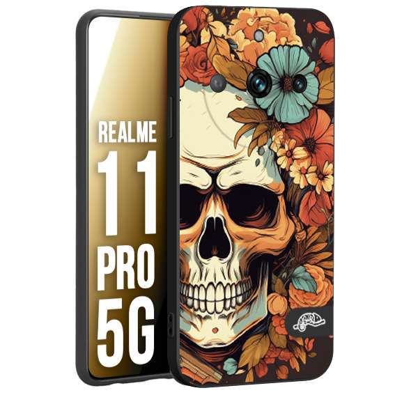 CUSTOMIZZA - Custodia cover nera morbida in tpu compatibile per Realme 11 PRO 5G teschio skull flowers fiori autunnali arancio celeste tattoo