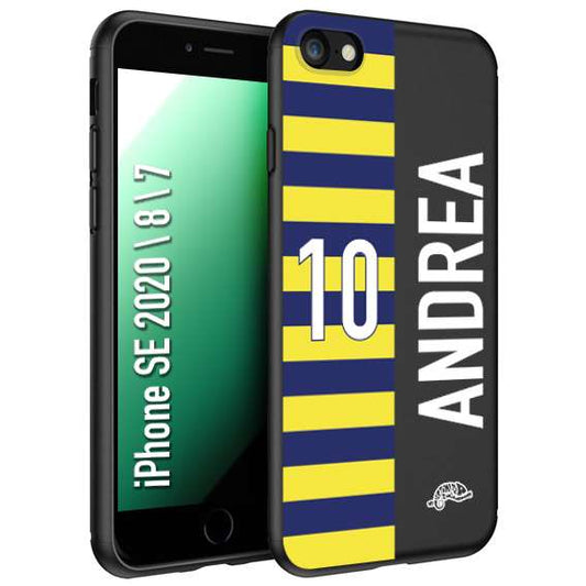 CUSTOMIZZA - Custodia cover nera morbida in tpu compatibile per iPhone 7 - 8 - SE 2020 / 2022 personalizzata calcio football nome e numero calciatori giallo blu