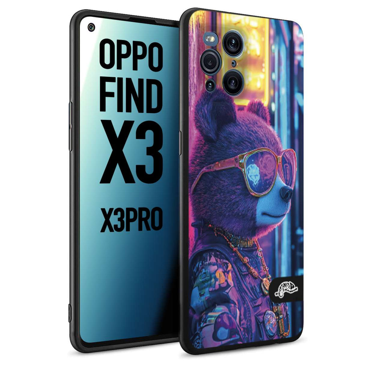 CUSTOMIZZA - Custodia cover nera morbida in tpu compatibile per Oppo Find X3 - Find X3 Pro 5G animali cyberpunk orsetto orso street bear fucsia blu night