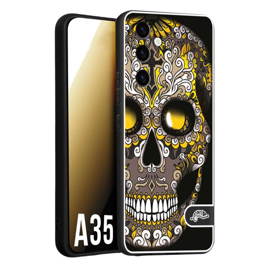 CUSTOMIZZA - Custodia cover nera morbida in tpu compatibile per Samsung A35 5G teschio messicano Mexican skull nero giallo